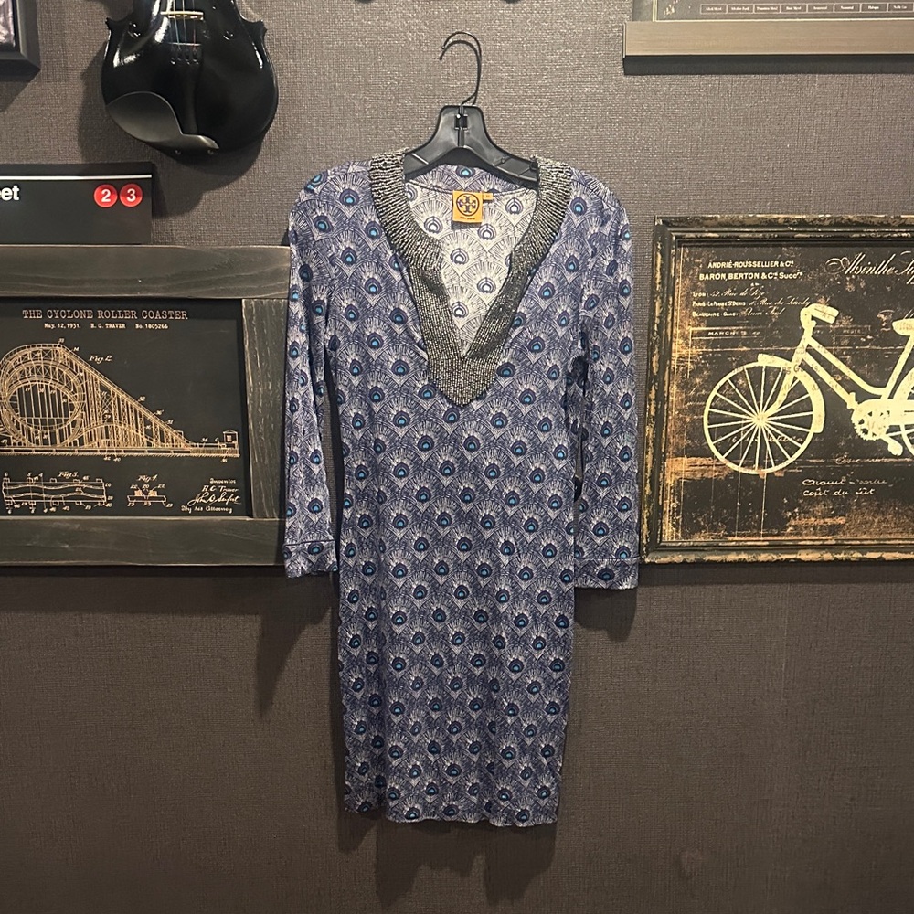 Tory Burch Patterned Long Sleeve Dress in Blue and Gray/Purple